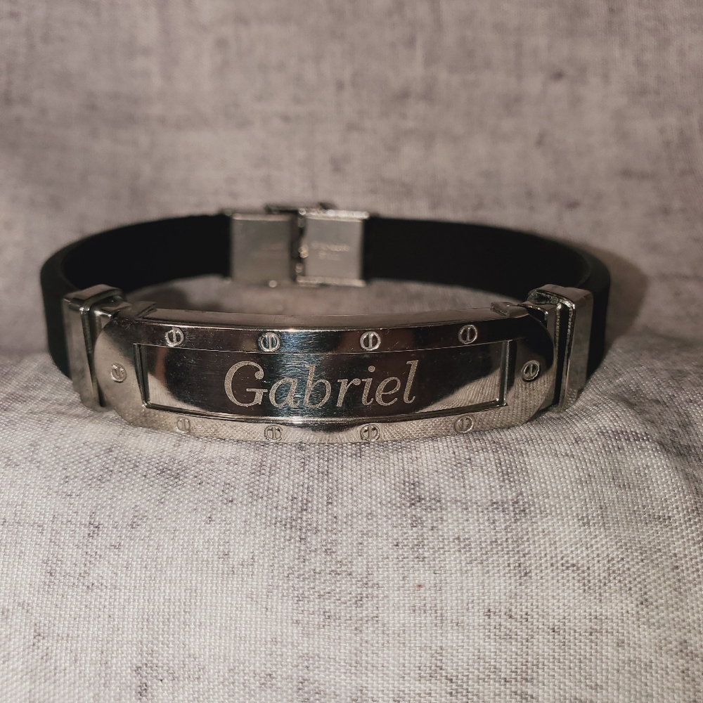 Mens Silver and Black Tone Framed Engraved "Gabriel" Bracelet